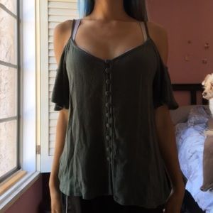 Forest green cut out shoulder spaghetti strap top